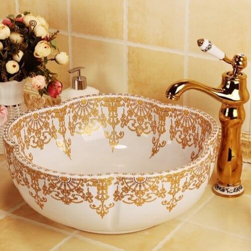 Morocco Style Flower Shape Gold Decoration Ceramic Porcelain Bathroom Sinks