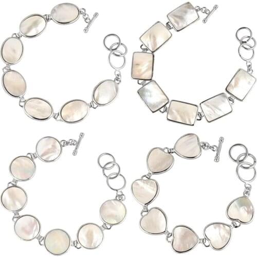 SUNYIK Handmade White Shell Sliver Plated Various Shaped Beads Bracelet Bangle, Healing Adjustable Jewelry for Women