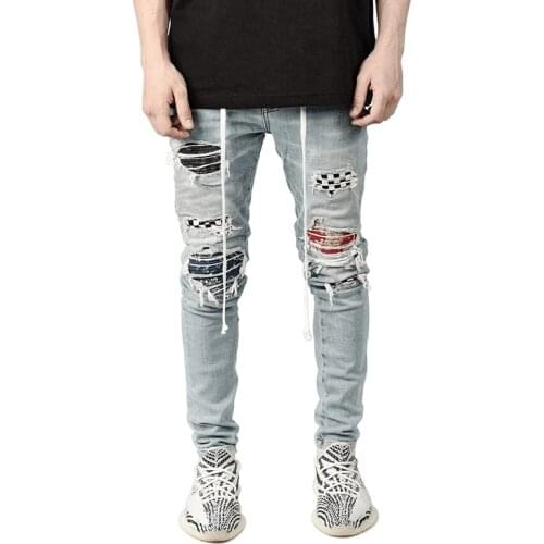 New Mens Zipper Slim Skinny Jeans Stretchy Ripped Biker Embroidery Print Destroyed Jeans