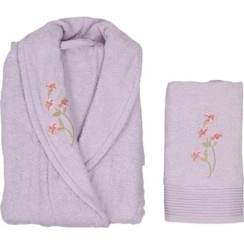 Scar Embroidered 100 Cotton Single Robe Set Lilac