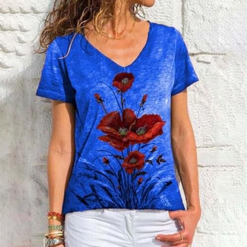 Summer Short Sleeve Vintage Floral Print T Shirt Women Clothes V Neck Tops Casual Loose Streetwear Plus Size Tee Shirt Femme