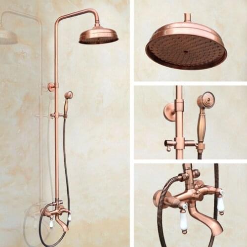 Wall Mounted 8 inch Round Red Copper Rain Shower Faucet Set W/ Rainfall Shower Head Handshower Bathtub Tap arg571