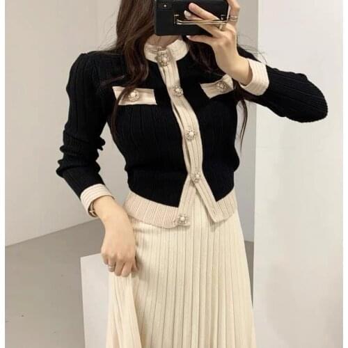 2021 autumn and winter elegant slim and thin color matching cardigan + knitted skirt two-piece knitted fashion womens clothing