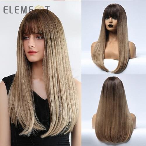 Element Synthetic 22 inch Long Wig with Bangs Dark Root Natural Headline Heat Resistant Hair Wigs for Women 2 Color