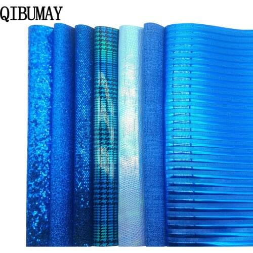 QIBU PU Leather Fabric Blue Glitter Shiny Faux Leather Accessories DIY Hair bow Materials Handmade Bags Decoration Home Fabric