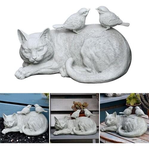 Sleeping Cat with Birds Garden Statue Decorative Resin Figurine Yard Lawn Outdoor Ornament A1