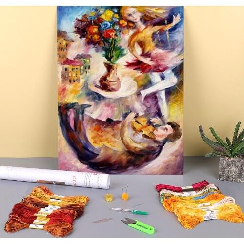Dance Violin Printed Water-Soluble Canvas 11CT Cross Stitch DIY Embroidery Kit DMC Threads Needlework Handmade Package