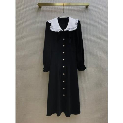 Ladies 2021 Fashion New Long Sleeve Bowknot Decorated Contrast Color Fungus Lace Collar Dress 0105