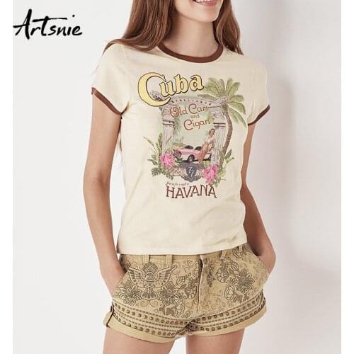 Artsnie summer 2019 letter print vintage women t shirt o neck short sleeve casual tops tee knitted girls streetwear t-shirts