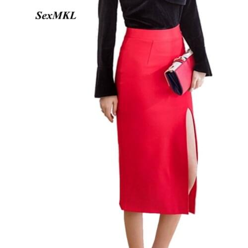 SEXMKL Summer High Slit Sexy Pencil Skirt Women Red Elegant Empire Slim OL Black Midi Skirts Office 2020 Fashion Work Long Skirt