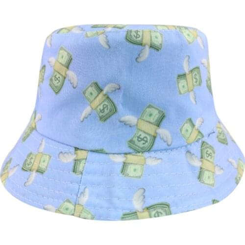 Winfox Fashion Sky Blue Bucket Hats Dollar Print Fishing Hunting Caps For Women Chapeau Gorro