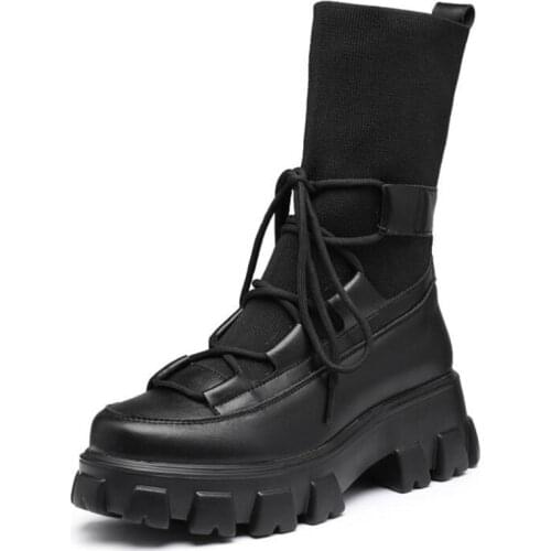 2020 Autumn New Fashion Trend Push Size Women Boots Cowhide Elastic Fabric Splicing Martin Boots Thick Bottom Non-slip Mid Boot