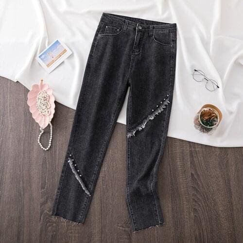 Spring and Autumn women elastic splices jeans plus size high waist denim pencil beaded jeans wamen skinny ankle length pants