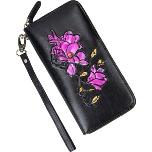 New Fashion Genuine Leather Women Wallet Handmade Embossing Long Hand Wallet Card Holder Lady Cowhide Purse Cellphone Clutch bag