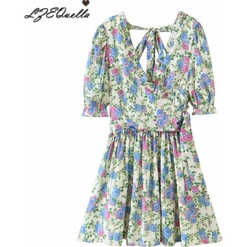 Women Summer Floral Print Boho Dress Lantern Sleeve V Neck Backless Lace Up Dresses Party Holiday Sundress Vestidos NZ3810