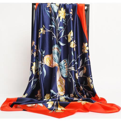 2021 Satin Silk Squre Scarf Hijab Women Floral Print Headband Bandana Bag Wrap Thin Shawls Fashion Handkerchief Foulard 90*90cm