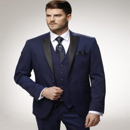 Three Pieces Navy Mens Wedding Suits Slim Fit Single Breasted Button Down V Neck Business Blazer Jackets vest and Pants Costumes
