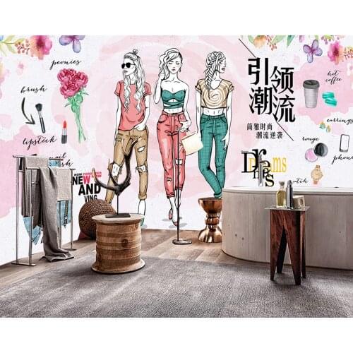 Free Shipping Fashion Watercolor Hand-Painted Clothing Store Background Wall Beautiful Model Shop Wallpaper Custom 3D Mural