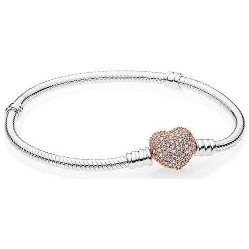 Rose Gold Pave Heart Shaped Cufflinks Bracelet Romantic Sweet S925 Silver Snake Bone Chain Sterling
