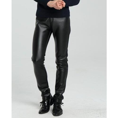 Elastic faux leather pants mens feet pants fashion motorcycle pu trousers for men Plus velvet thicken personality pantalon homme