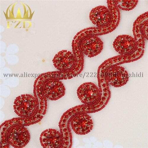 FZD (10yards) Wholesale Sewing On Hot Fix Red Beaded Rhinestone Applique and Trimming Bridal Dresses or Sash Belt for Clothing
