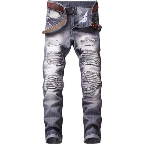 Europe United States Hot Selling Mens Jeans Rip Stretch Pants Fashion Pleated Paste Cloth Pants Motorcycle Style 5 Colors