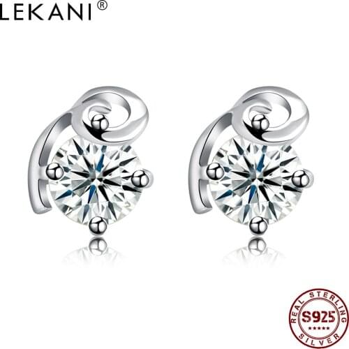 LEKANI Geometric 925 Sterling Silver Stud Earrings For Women 5A Clear Cubic Zirconia Small Earring Birthday Gift Fine Jewelry
