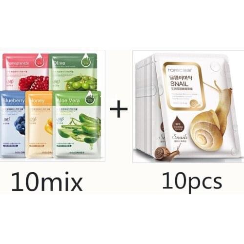 20pcs BIOAQUA Sheet Mask Snail Essence Dope Korea Skin Care Face Mask Combo Plant Extract Aloe Vera Olives Honey Facial Mask