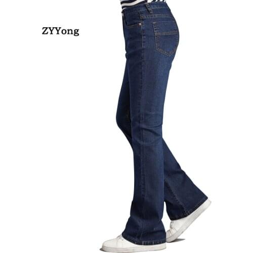 2021 Spring Business Casual Slim Bootcut Flared Jeans For Men Boot Cut Flare Denim Pants Elasticity Long Blue Trousers