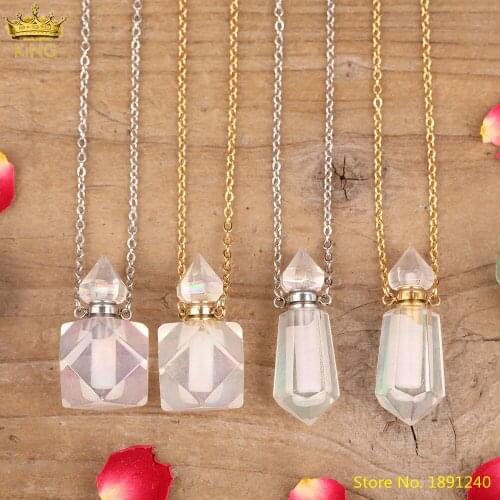 Natural Rainbow White Qaurtz Square Hexagonal Perfume Bottle Pendant Beautiful Women Aura Crystal Diffuser Healing Necklace Gift