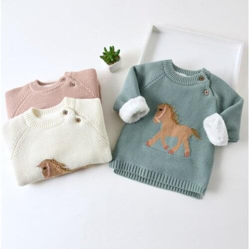 New Children Winter Sweaters White Pink Thicken Top Wear for Baby Girl Candy Color Pattern with Pony Kids Soft Warm Clothes