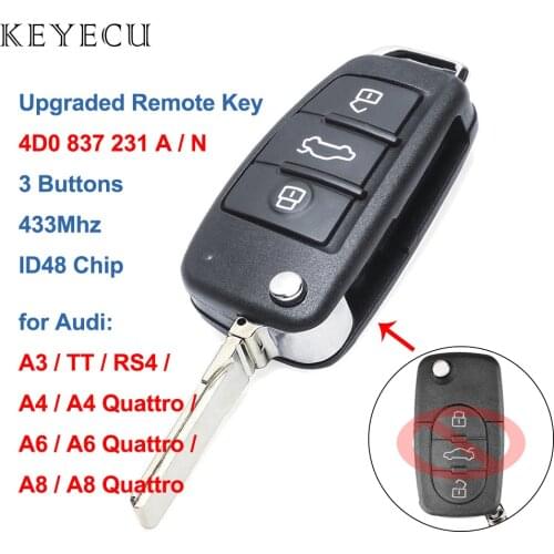 Keyecu Upgraded Flip Remote Car Key Fob 433MHz ID48 Chip for Audi TT RS4 A3 A4 A6 A8 Quattro P/N: 4D0837231A / 4D0837231N