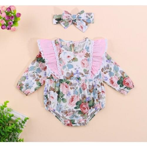 Autumn Sweet Style Baby Romper Newborn Infant Girl’s Casual Long Sleeve Flower Ruffle Triangle Jumpsuits and Headband 2pcs Sets