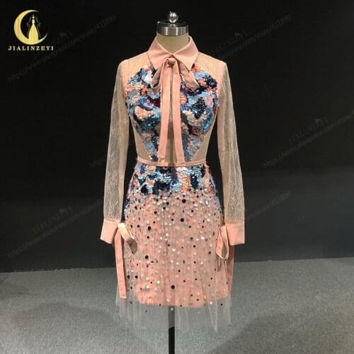 Rhine real Pictures Elie Saab Pink High Neck Sequins Long Sleeves robes de bal Prom Dresses платье 2021 Party Dress