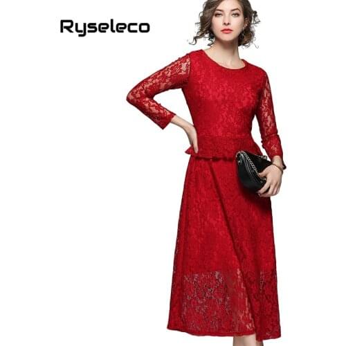 Ryseleco Autumn Fashion Fake 2pcs Red Lace Patchwork Slim Women Dress Long Sleeve Hollow Out Solid Party Chic Midi Flare Dresses