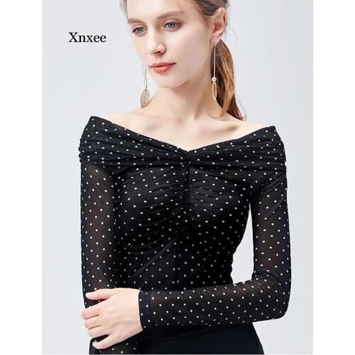 New Sexy Off Shoulder Neck Polka Dot Tops Women Long Sleeve Pleated Vintage Shirts Female Korean Clothes T-Shirt Basic Tees