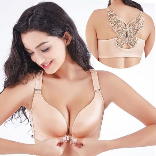 Women Solid Bra Wire Sexy Plus Size 34-52 Front Closure Butterfly Embroidery Backless Seamless Bra soutien gorge push up g4