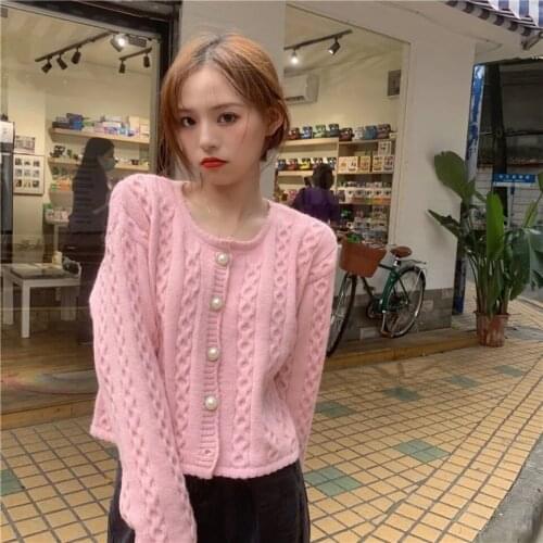 2021 New Autumn Winter Sweater Women Korean Version Loose Pearl Single Row Buttons Round Neck Cardigan Casual Knitted Sweaters