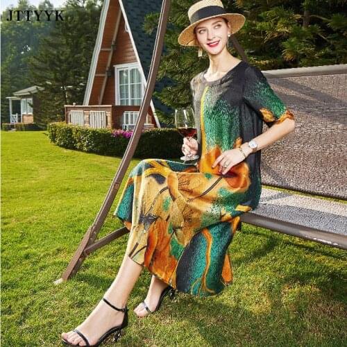 Print Mulberry Silk Dress Summer Sundress Vintage Plus Size Short Sleeve Dress Casual Beach Midi Dress Elegant Women Vestidos