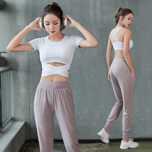 Women Sport Yoga Set Gym Clothing Quick Dry 3 Piece Female Bra Short Sleeve Pants Workout Athletic Sports Wear Fitness Tracksuit