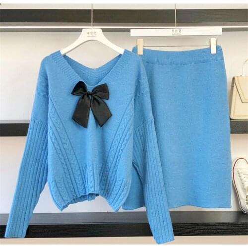 New Fashion Autumn Two Pieces Women Bow Tie Short Knitted Sweaters + Knitted Skirt Long Sleeve Knitting Sweater Bottomings 1459