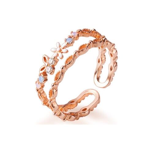 S925 Sterling Silver Color Rose Gold Flower Double Ring Opening Adjustable For Women Lady Daughter Jewelry Gift