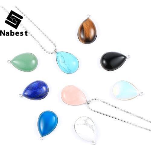 Women Men Natural Stone Tiger Eye Water Drop Pendant Necklace Green Aventurine Opal Onyx Alloy Ball Chain Clavicle Chain Jewelry