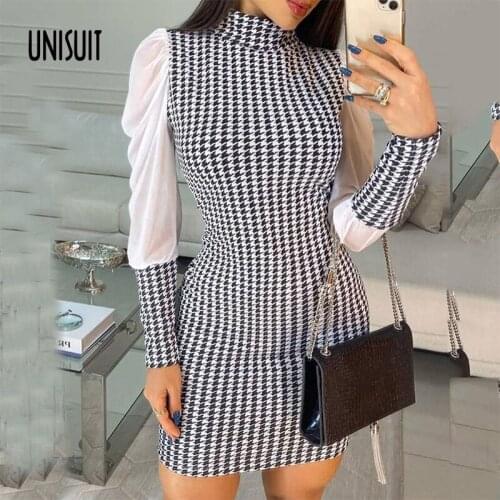 Women Plaid Patchwork Dress Women Turtleneck Long Sleeve Bodycon Dresses Elegant Office Lady Pencil Dress Houndstooth Vestidos