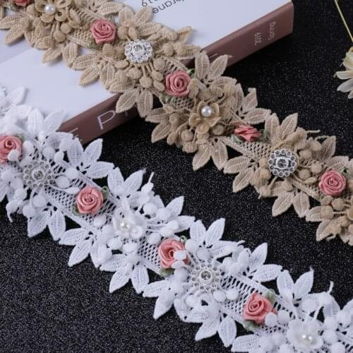13M/lot Flower Pearl Beads Decor Embroidery Lace Trim Pillow Curtain Cloth Sofa Bedside Decor Lace Accessories Ribbon DIY Sewing