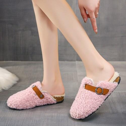 2021 Fashion Fur Shoes Low Womens Slippers Outdoor Platform Slides Flock Cover Toe Winter Footwear Plush Flat Slippers Zapatos