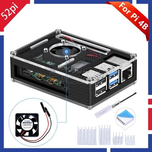 52Pi For Raspberry Pi 4 Case Black Acrylic Box Case With Cooling Fan For Rasberry Pi 4 B (4 Model B) (Not Include)