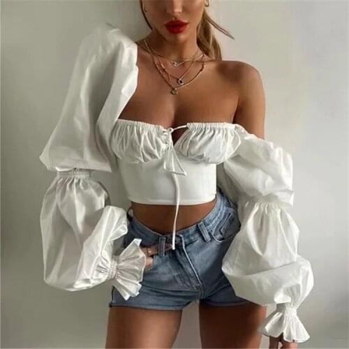 American fashion bloggers bubble sleeve short shirt square collar drawstring short long sleeve shirt ins tide dlsy968