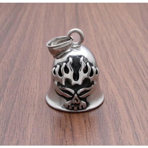 Free Shipping Punk 316L Stainless Steel Silver Color Black Flame Style Skull Head Biker Bell Pendant Jewelry Gift