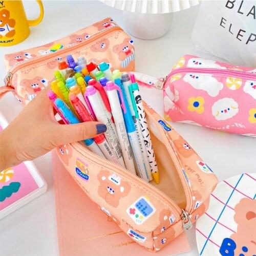 Q1QA Cute Cartoon Rabbit Bear Pencil Case Pen Pouch Travel Portable Zipper Makeup Cosmetic Toiletry Bag Stationery Organizer